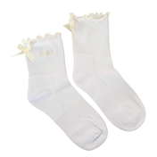 Cherri Ruffle Trim Socks in Buttercream - white crew socks with cream ruffled lettuce-trim edge and satin bow detail