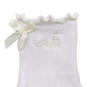 Cherri Ruffle Trim Sock in Buttercream - back view detail showing cream satin bow and ruffled lettuce-trim edge