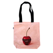 Cherri Tote Bag in pink canvas - front view showing cherry-in-underwear design with black handles and cherri logo