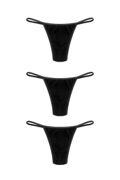 Three black g-strings stacked, flat lay