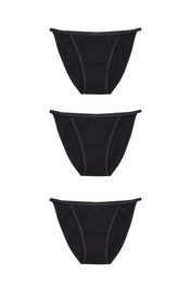 Three black bikini briefs stacked, flat lay