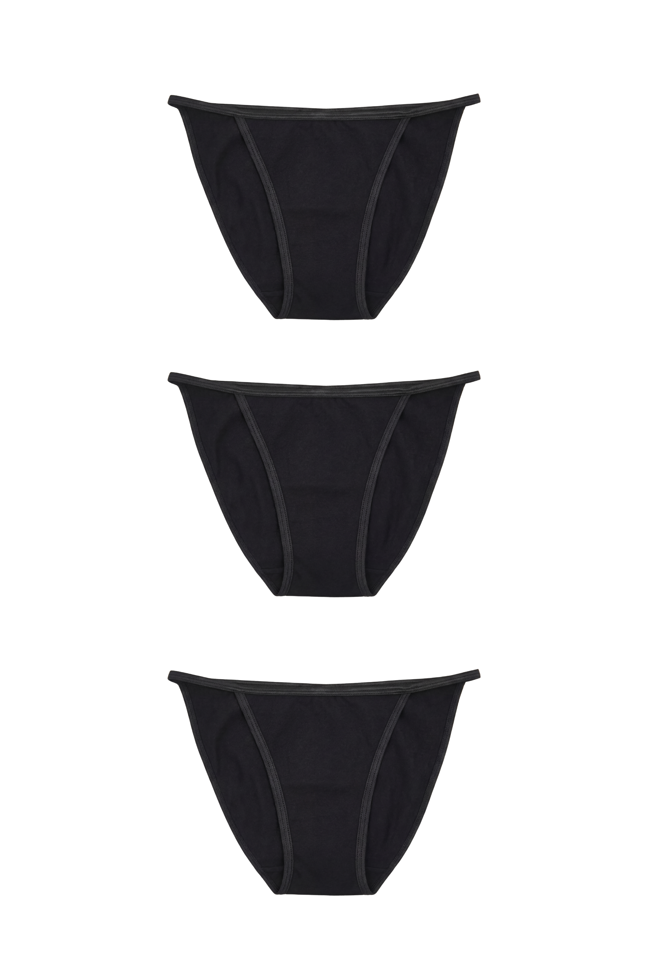 Three black bikini briefs stacked, flat lay