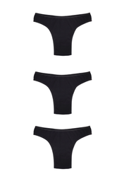 Three black mid-rise thongs stacked, flat lay