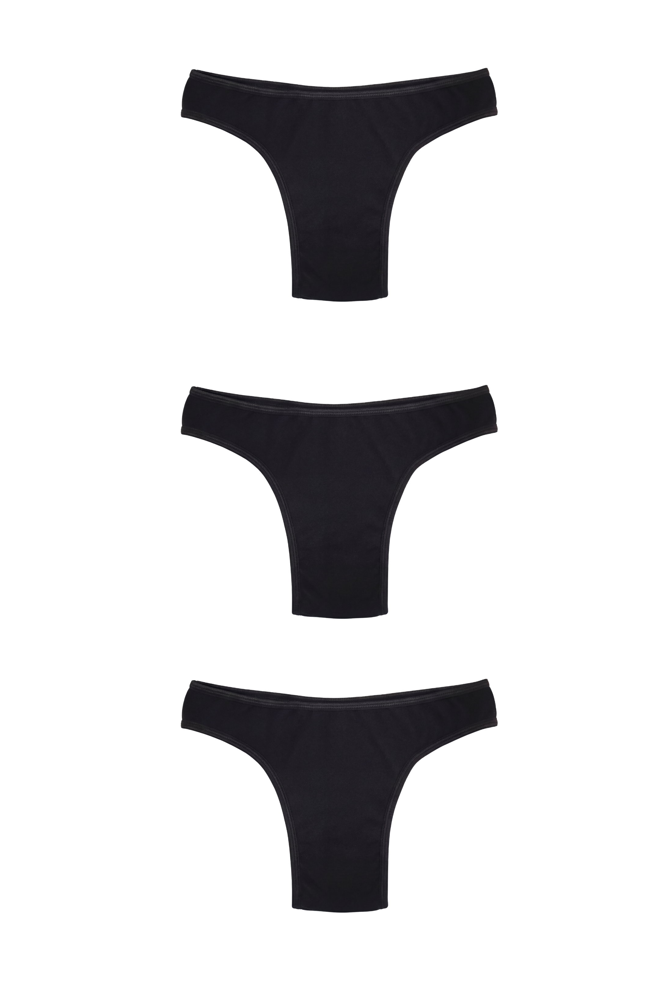 Three black mid-rise thongs stacked, flat lay