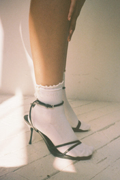 White Cherri Ruffle Trim socks styled with black strappy heels
