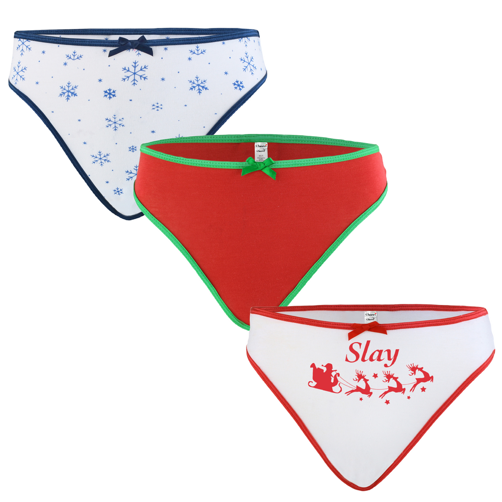 3 Pack Cherri Wide Gusset Mid-Rise Thongs, Lip-Slip Free Underwear, Holiday Christmas Theme